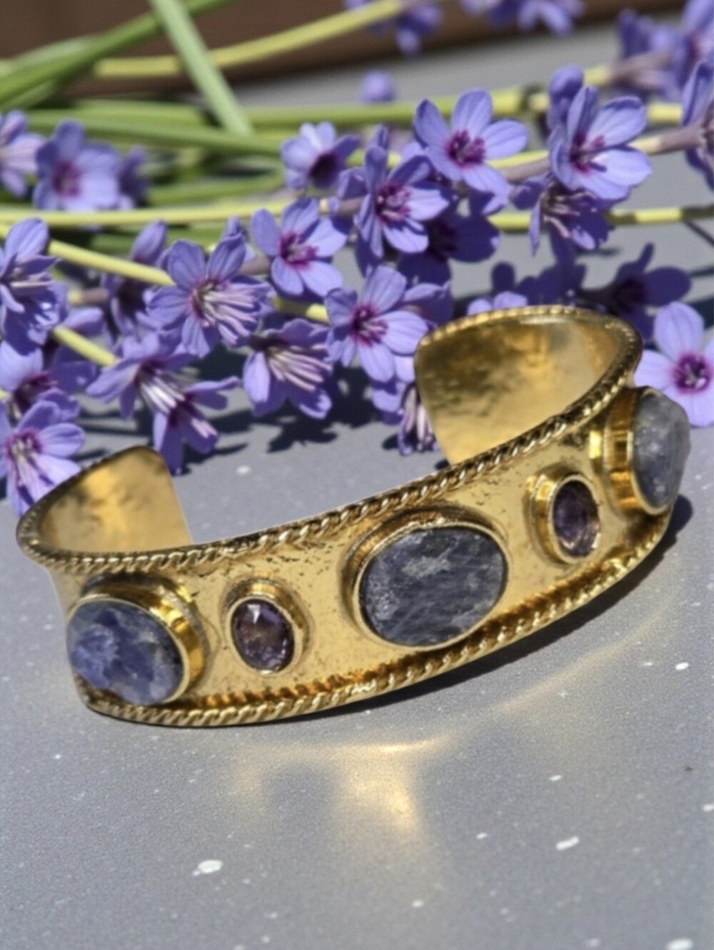 18k Gold Plated Artisan Byzantine Genuine Amethyst Raw Crystal Cuff Bracelet